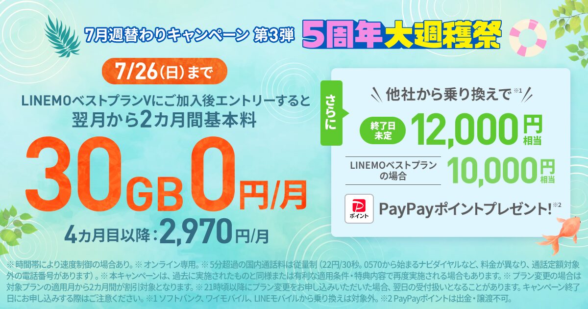 LINEMO5周年大週穫祭 ベストプランV基本料2カ月0円キャンペーンの告知ビジュアル
