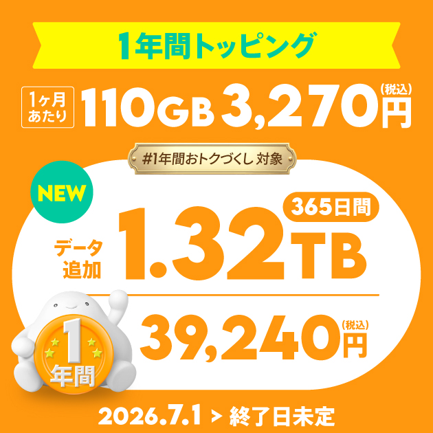 povo2.0 1.32TB（365日間）トッピングの告知画像。月110GB相当・3,270円相当