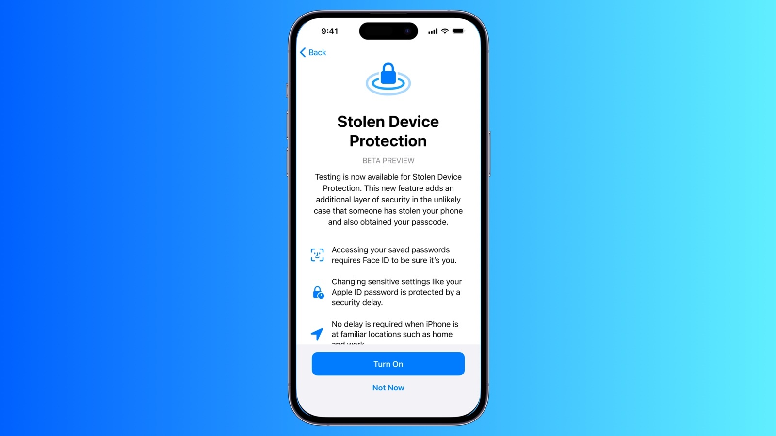 iPhoneの盗難デバイスの保護の設定画面。顔認証や指紋認証で重要操作を守る