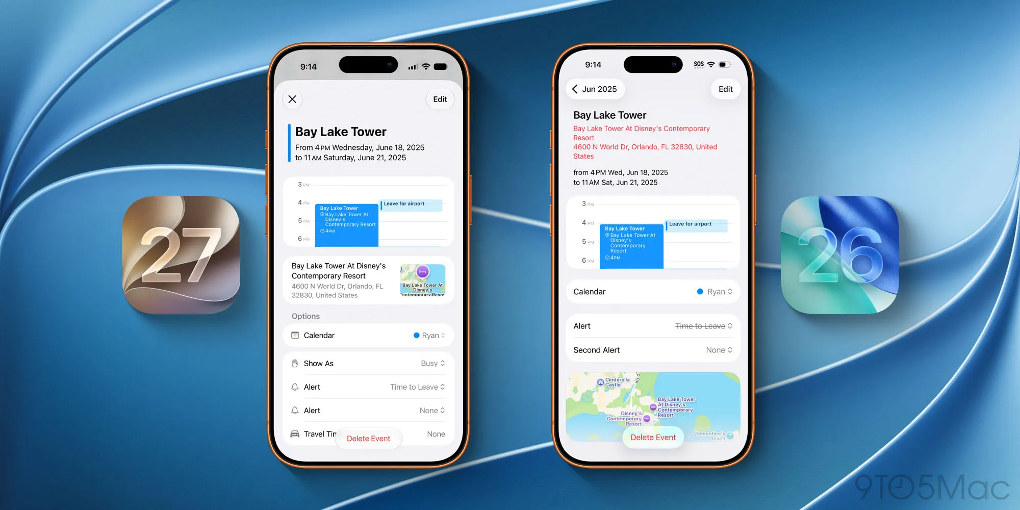iOS 26とiOS 27のカレンダー予定詳細画面の比較